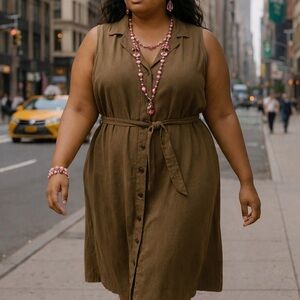 Contact Plus New York 3X Sleeveless Button-Front Linen Blend Belted Midi Dress